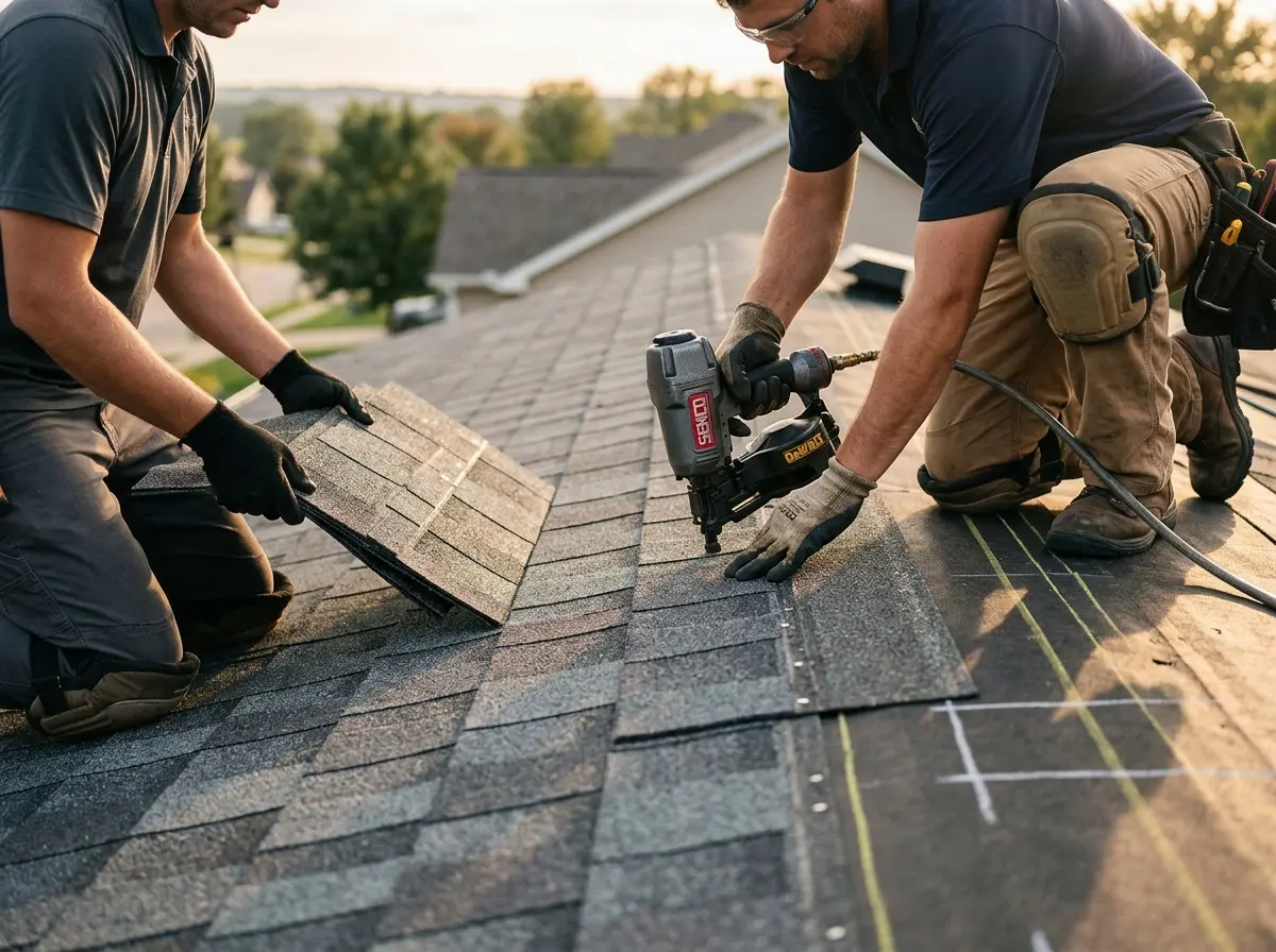 Professional roofer working on a residential roof in Larose